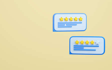 Customer review 3d render illustration - stars and text message on speech bubble.