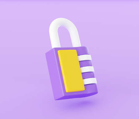 Code lock 3d render - cartoon illustration of purple and yellow closed combination padlock.
