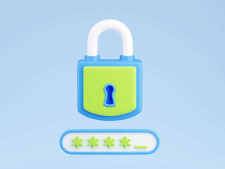 Personal data secure 3d render - closed padlock and password field with incomplete passcode entry.の写真素材