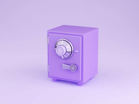 Safe box 3d render - illustration of closed cartoon purple strongbox with combination lock.の写真素材