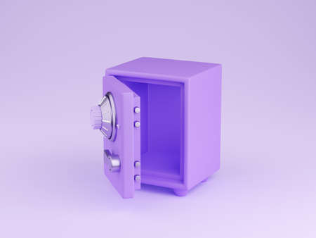 Safe box 3d render - illustration of open cartoon purple strongbox with combination lock.の写真素材