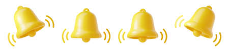 Notification bell icon 3d render - cute cartoon illustration of simple yellow bell for reminder or notice concept.の写真素材