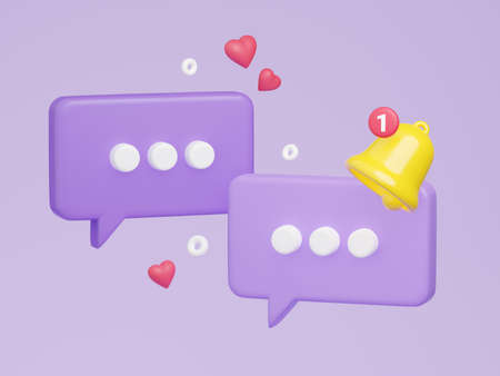 Notification bell on speech bubble with text 3d render.の写真素材