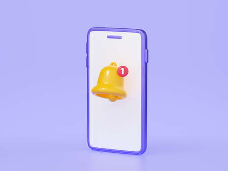 Notification bell on mobile phone screen 3d render.の写真素材