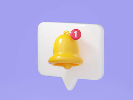 Notification bell on speech bubble 3d render. Illustration of simple yellow bell icon for reminder or notice concept.の写真素材