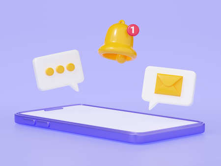 Notification 3d render - chat speech bubble, letter envelope and bell icon under mobile phone screen.の写真素材