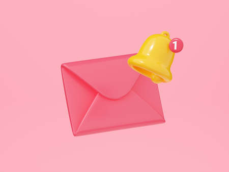 New mail notification 3d render - closed envelope with bell icon. Notice of new letter or message.の写真素材