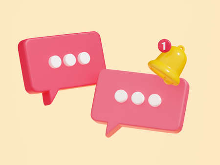 Notification bell on speech bubble with text 3d render.