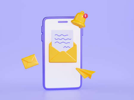 Notification newsletter 3d render illustration - mobile phone with yellow envelope and bell on screen.の写真素材