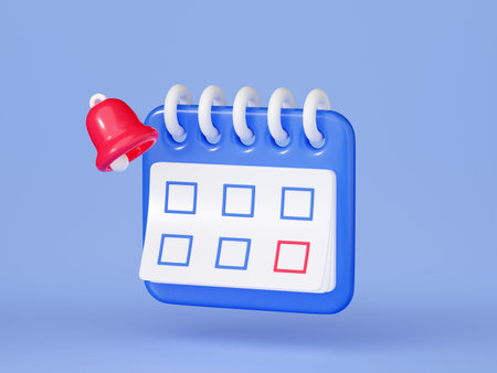 Reminder in calendar 3d render - cute purple calendar with empty check points on white paper and yellow bell.の写真素材