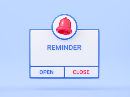 Reminder 3D render - notification page with bell icon and two buttons on blue background.の写真素材