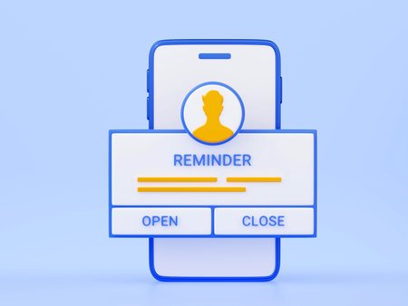 Reminder 3D render illustration - notification page with buttons on mobile phone on blue background.の写真素材