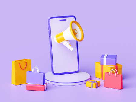 Online shopping sale announcement - 3d render laptop with loudspeaker , shopping bags and gift boxes.の写真素材