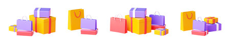 Shopping bag and box pile 3d render - group of various shop and gift paper packs.の写真素材