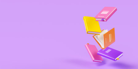 Flying closed and open books with bright hardcover on purple banner. Cartoon 3d render illustrationの写真素材