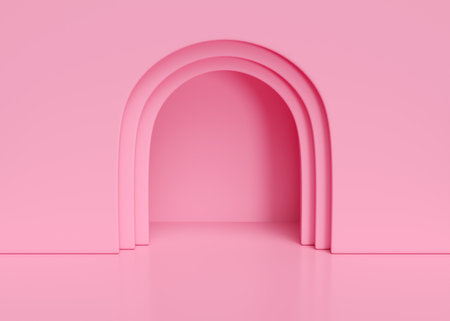Pink pastel studio room interior background with arch window in wall. 3d render illustrationの写真素材
