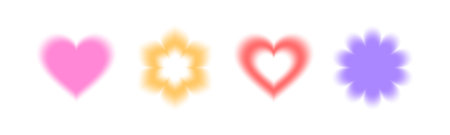 Y2K aura blur shapes with soft gradient edges - pink heart, yellow flower, red love symbol and purple blossom. Dreamy aesthetic elements for retro design, nostalgic graphics or modern digital art.のイラスト素材