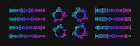 Podcast wave collection with neon gradient circular patterns and horizontal soundwaves on dark...