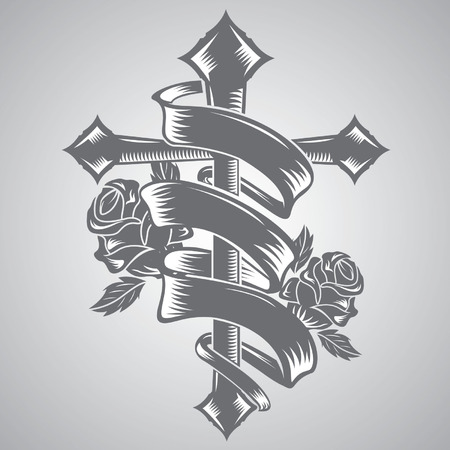 cross with ribbon tattoo vectorのイラスト素材