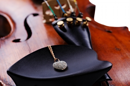 Old Violin with jewels on the chinの写真素材