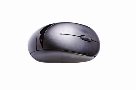 Black wireless computer mouse on a white background