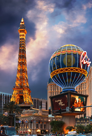 LAS VEGAS, NEVADA - May 30, 2009: Hotel and Casino with Eiffel Tower replica in Paris by Nightのeditorial素材