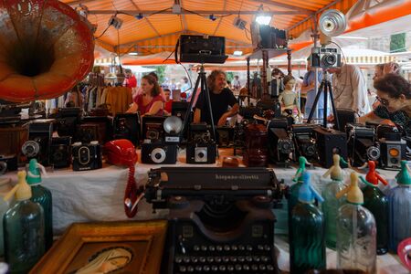 Barcelona, Spain - June 12, 2014: Cameras and other vintage things for sale on an outdoor flea market in Barcelona.のeditorial素材