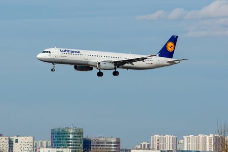 SAINT PETERSBURG, RUSSIA - APRIL 09, 2017: Flying the Airbus A321-231 (D-AISF) airline...