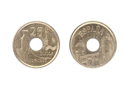 Set, 25 pesetas coin, issued by Spain in 1997. Isolate on white backgroundの写真素材
