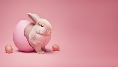 White Easter bunny with eggs on pink background isolated. Fluffy rabbit comes out of the egg. Easter background. generative aiの写真素材