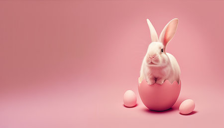 White Easter bunny with eggs on pink background isolated. Fluffy rabbit comes out of the egg. Easter background. generative aiの写真素材
