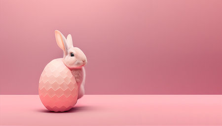 White Easter bunny with eggs on pink background isolated. Fluffy rabbit comes out of the egg. Easter background. generative aiの写真素材