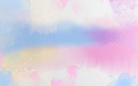 <p>Yellow, purple, orange, pink, white abstract background texture. Copy space for banner, design, poster, backdrop. High resolution colorful watercolor texture background. Hand painted texture.</p>の写真素材