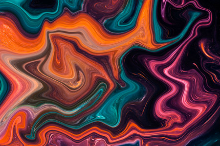 <p>Abstract fluid art background dark colorful. Liquid marble. Acrylic painting on canvas with gradient. Copy space for text, design art work. Painting high resolution texture, backdrop. Orange, pink</p>の写真素材