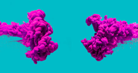 <p>Pink paint clouds in water isolated on abstract blue background. Acrylic colors and ink in water. Abstract background. Isolated. Bright colorful art. Copy space for banner, poster design.</p>の写真素材