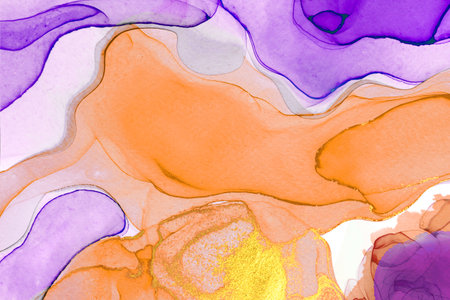 <p>Alcohol ink purple, orange and gold abstract stains. watercolor texture for design. Copy space for text, design art work or product. Watercolor brush strokes on canvas. Brush stroke in frame</p>の写真素材