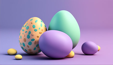 3d render of easter eggs on pastel purple background.の写真素材