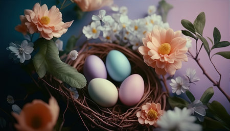 Easter eggs in a nest with flowers on a blue background.の写真素材