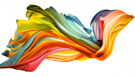 Abstract flying colorful fabric on white background isolated. Fabric Cloth Flowing Wind, Textile Wave Flying In Motion.の写真素材