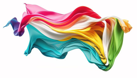 Abstract flying colorful fabric on white background isolated. Fabric Cloth Flowing Wind, Textile Wave Flying In Motion.の写真素材