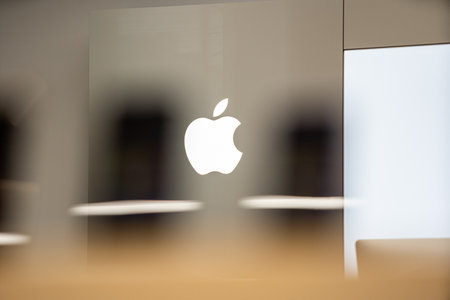 Apple authorized shop. The modern shop with apple products: Iphone, Macbook, Ipad, Apple logo.のeditorial素材