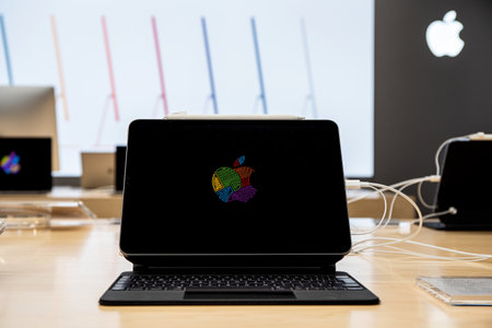 Apple authorized shop. The modern shop with apple products: Iphone, Macbook, Ipad, Apple logo.