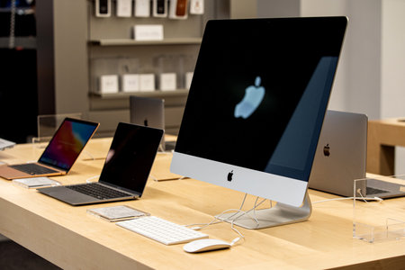 Apple authorized shop. The modern shop with apple products: Iphone, Macbook, Ipad, Apple logo.のeditorial素材
