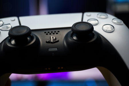 Sony PlayStation 5. New generation gaming computer. PS5 controllerのeditorial素材