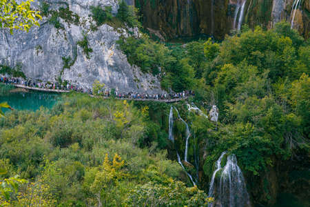 PlitviÄe Lakes National Park is a famous forest reserve in central Croatia. It's known for a chain of 16 terraced lakes, joined by waterfalls, that extend into a limestone canyonの写真素材