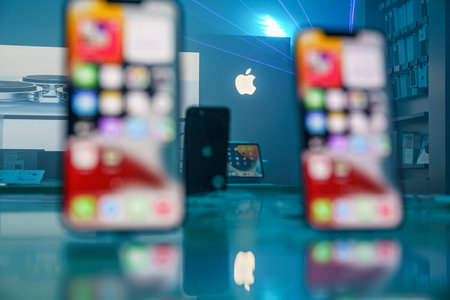 New Apple Iphone 13 smartphone on sale in apple shop. Iphone pro max 13, iphone 13, iphone mini.のeditorial素材