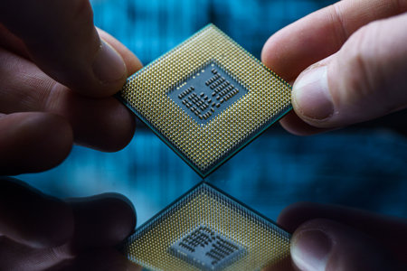 Computer chip in hands. A chipset is a set of electronic component that is integrated and flows data...