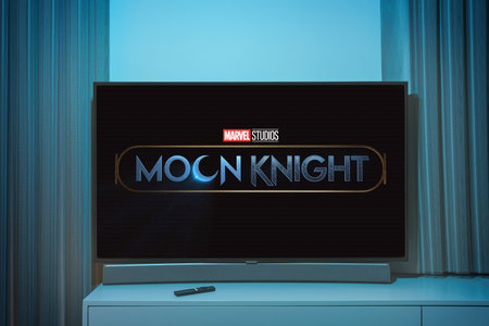 Moon knight TV series on big tv screen. Moon knight television show at homeのeditorial素材