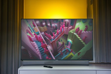 Squid game TV series on big tv screen. Squid game television show at home