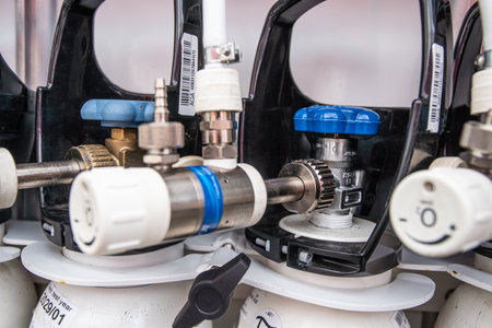 Medical oxygen cylinders. Close up shot of oxygen breathing cylinder.のeditorial素材
